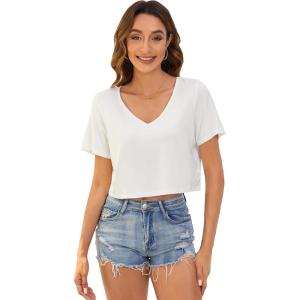 imageVerdusa Womens Solid V Neck Crop T Shirt Top Causal Short Sleeve Tee TopCreamy White