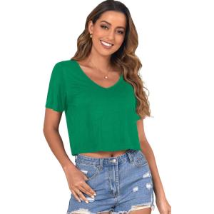 imageVerdusa Womens Solid V Neck Crop T Shirt Top Causal Short Sleeve Tee TopKelly Green