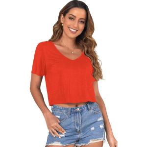 imageVerdusa Womens Solid V Neck Crop T Shirt Top Causal Short Sleeve Tee TopRed
