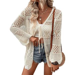 imageVerdusa Womens Tie Front Long Sleeve Hollow Out Sheer Kimono Cardigan Cover UpBeige