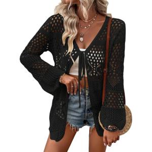 imageVerdusa Womens Tie Front Long Sleeve Hollow Out Sheer Kimono Cardigan Cover UpBlack