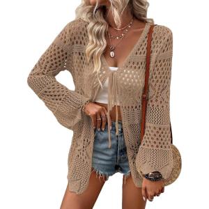 imageVerdusa Womens Tie Front Long Sleeve Hollow Out Sheer Kimono Cardigan Cover UpKhaki