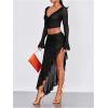 imageVerdusa Womens Asymmetrical High Slit Mesh Long Skirts Ruffle Hem Ruched Flowy Bodycon SkirtBlack