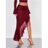 imageVerdusa Womens Asymmetrical High Slit Mesh Long Skirts Ruffle Hem Ruched Flowy Bodycon SkirtBurgundy