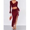 imageVerdusa Womens Asymmetrical High Slit Mesh Long Skirts Ruffle Hem Ruched Flowy Bodycon SkirtBurgundy