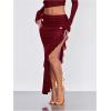 imageVerdusa Womens Asymmetrical High Slit Mesh Long Skirts Ruffle Hem Ruched Flowy Bodycon SkirtBurgundy