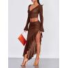 imageVerdusa Womens Asymmetrical High Slit Mesh Long Skirts Ruffle Hem Ruched Flowy Bodycon SkirtCoffee Brown