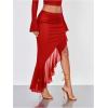 imageVerdusa Womens Asymmetrical High Slit Mesh Long Skirts Ruffle Hem Ruched Flowy Bodycon SkirtRed