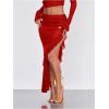 imageVerdusa Womens Asymmetrical High Slit Mesh Long Skirts Ruffle Hem Ruched Flowy Bodycon SkirtRed