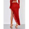 imageVerdusa Womens Asymmetrical High Slit Mesh Long Skirts Ruffle Hem Ruched Flowy Bodycon SkirtRed