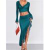 imageVerdusa Womens Asymmetrical High Slit Mesh Long Skirts Ruffle Hem Ruched Flowy Bodycon SkirtTeal Blue