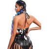 imageVerdusa Womens Cow Print O Ring Deep V Neck Tie Backless Crop Halter TopBlack White