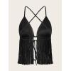 imageVerdusa Womens Crisscross Tie Backless Fringe Hem Sleeveless Satin Crop Cami TopBlack