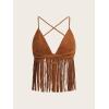 imageVerdusa Womens Crisscross Tie Backless Fringe Hem Sleeveless Satin Crop Cami TopBrown