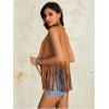 imageVerdusa Womens Fringe Rivets Sleeveless Vest Cardigan Casual Tassel OuterwearBrown