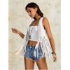 imageVerdusa Womens Fringe Rivets Sleeveless Vest Cardigan Casual Tassel OuterwearWhite