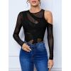 imageVerdusa Womens Long Sleeve Asymmetrical Neck Cut Out Mesh Bodysuit Without LingerieBlack
