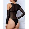 imageVerdusa Womens Long Sleeve Asymmetrical Neck Cut Out Mesh Bodysuit Without LingerieBlack