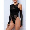 imageVerdusa Womens Long Sleeve Asymmetrical Neck Cut Out Mesh Bodysuit Without LingerieBlack
