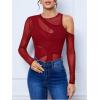 imageVerdusa Womens Long Sleeve Asymmetrical Neck Cut Out Mesh Bodysuit Without LingerieBurgundy