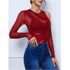 imageVerdusa Womens Long Sleeve Asymmetrical Neck Cut Out Mesh Bodysuit Without LingerieBurgundy