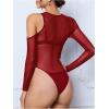 imageVerdusa Womens Long Sleeve Asymmetrical Neck Cut Out Mesh Bodysuit Without LingerieBurgundy