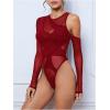 imageVerdusa Womens Long Sleeve Asymmetrical Neck Cut Out Mesh Bodysuit Without LingerieBurgundy