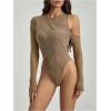 imageVerdusa Womens Long Sleeve Asymmetrical Neck Cut Out Mesh Bodysuit Without LingerieMocha Brown