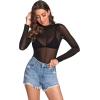 imageVerdusa Womens Long Sleeve Lettuce Trim Fitted Sheer Mesh Tee TopSolid Black