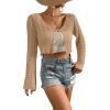 imageVerdusa Womens Tie Front Bell Long Sleeve Scalloped Crop Cardigan Knit TopKhaki