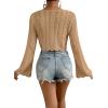 imageVerdusa Womens Tie Front Bell Long Sleeve Scalloped Crop Cardigan Knit TopKhaki