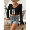 imageVerdusa Womens Tie Front Bell Long Sleeve Scalloped Crop Cardigan Knit TopSolid Black