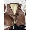 imageVerdusa Womens Western Leather Vest Bow Tie Front V Neck Sleeveless Lightweight Jacket OuterwearBrown