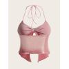 imageVerdusa Womens Y2K Tops Heart Rhinestone Backless Ruched Cami Asymmetrical Split Crop Halter TopPink