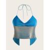 imageVerdusa Womens Y2K Tops Heart Rhinestone Backless Ruched Cami Asymmetrical Split Crop Halter TopSilver Blue