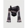 imageVerdusa Womens Y2k Off Shoulder Tops Tie Dye Mesh Long Flared Sleeve Ruched Crop Shirt TopBlack