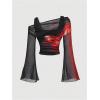 imageVerdusa Womens Y2k Off Shoulder Tops Tie Dye Mesh Long Flared Sleeve Ruched Crop Shirt TopBlackred