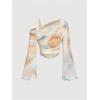 imageVerdusa Womens Y2k Off Shoulder Tops Tie Dye Mesh Long Flared Sleeve Ruched Crop Shirt TopKhaki