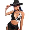 imageVerdusa Womens Cow Print O Ring Deep V Neck Tie Backless Crop Halter TopBlack White