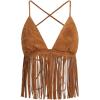 imageVerdusa Womens Crisscross Tie Backless Fringe Hem Sleeveless Satin Crop Cami TopBrown