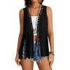 imageVerdusa Womens Fringe Rivets Sleeveless Vest Cardigan Casual Tassel OuterwearBlack