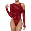 imageVerdusa Womens Long Sleeve Asymmetrical Neck Cut Out Mesh Bodysuit Without LingerieBurgundy