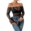imageVerdusa Womens Off Shoulder Long Sleeve Crop Top See Through Lace Tee Shirt Without BraBlack