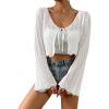 imageVerdusa Womens Tie Front Bell Long Sleeve Scalloped Crop Cardigan Knit TopWhite