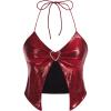imageVerdusa Womens Y2K Tops Heart Rhinestone Backless Ruched Cami Asymmetrical Split Crop Halter TopRed