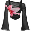imageVerdusa Womens Y2k Off Shoulder Tops Tie Dye Mesh Long Flared Sleeve Ruched Crop Shirt TopBlack Pink