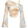 imageVerdusa Womens Y2k Off Shoulder Tops Tie Dye Mesh Long Flared Sleeve Ruched Crop Shirt TopKhaki
