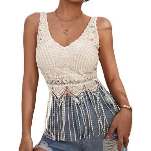 imageVerdusa 70s Outfits for Women Guipure Fringe V Neck Sleevelss Crop Tank TopsApricot
