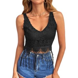 imageVerdusa 70s Outfits for Women Guipure Fringe V Neck Sleevelss Crop Tank TopsBlack