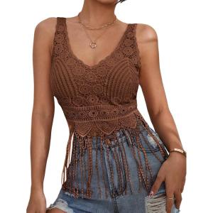 imageVerdusa 70s Outfits for Women Guipure Fringe V Neck Sleevelss Crop Tank TopsBrown Lace